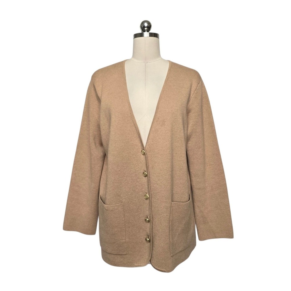 J.Crew Womens Size Medium Camel Tan Merino Wool Blend Gold Crest Button Cardigan